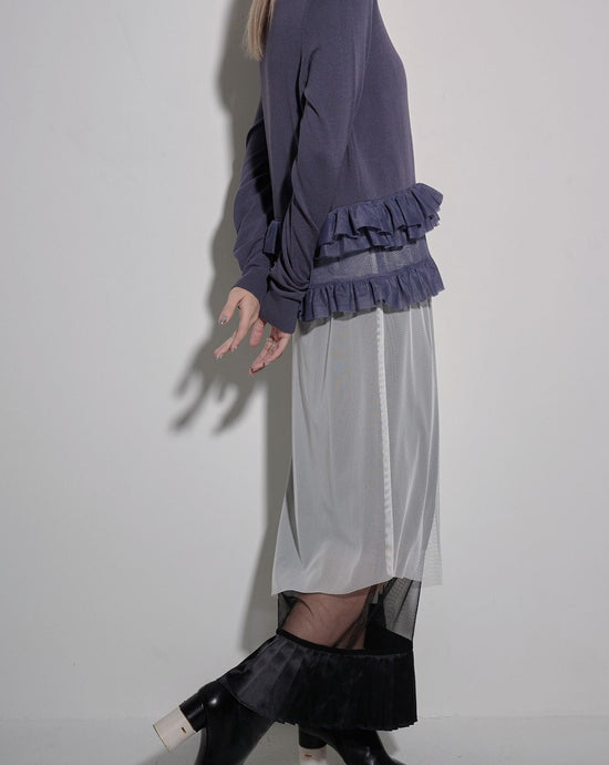 aalis KLEA asymmetric mesh panel pleated hem detail skirt (White mix)