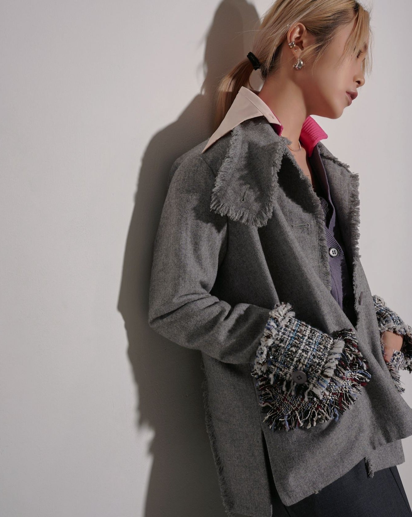 aalis JENSEN  fringe detail mixed tweed wool jacket (Grey mix)