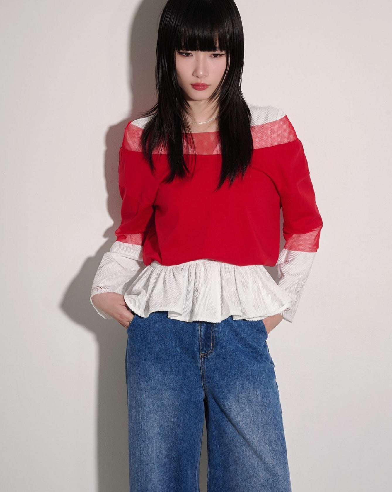 aalis LEVANA mesh one shoulder SS sweater (Red)