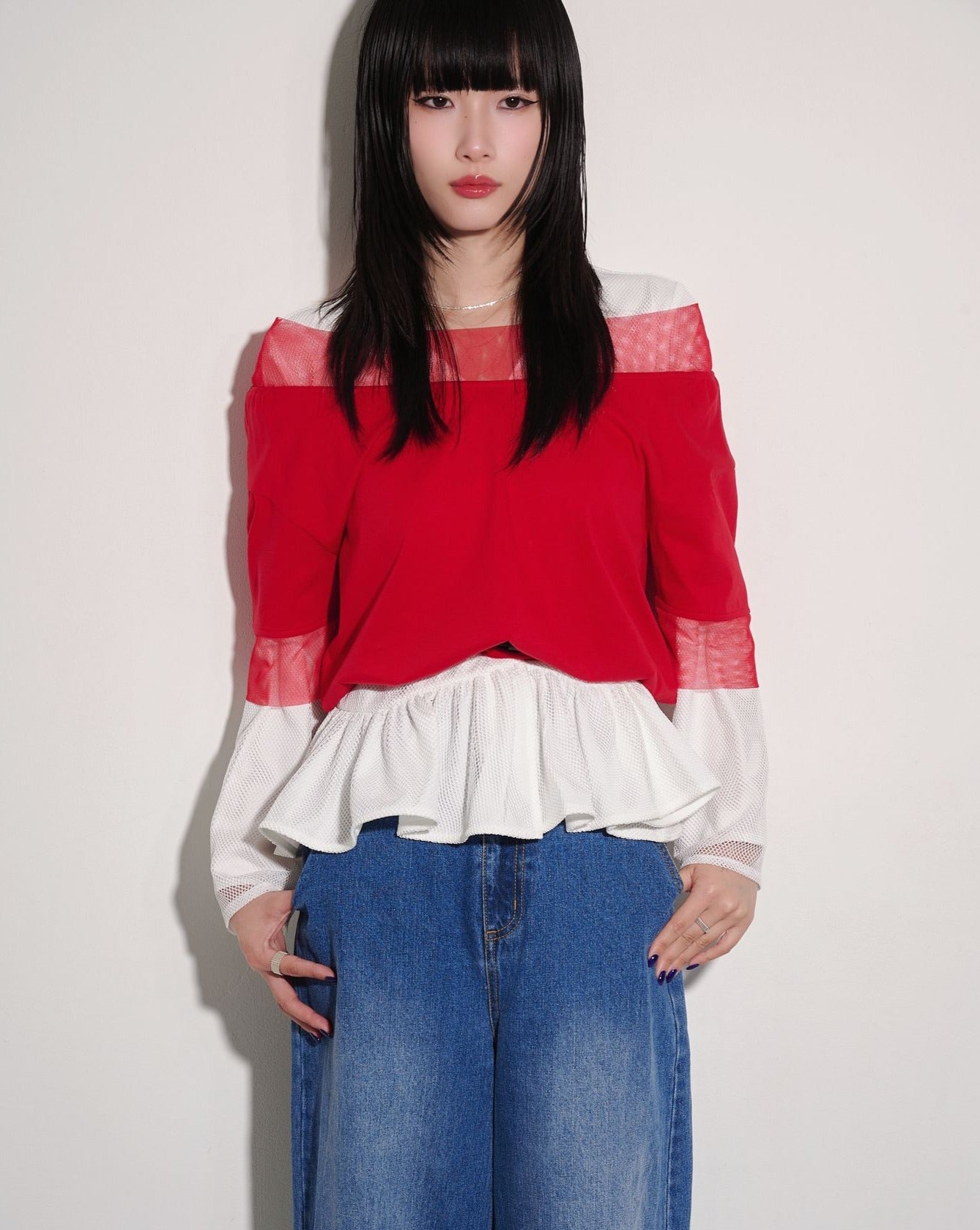 aalis LEVANA mesh one shoulder SS sweater (Red)