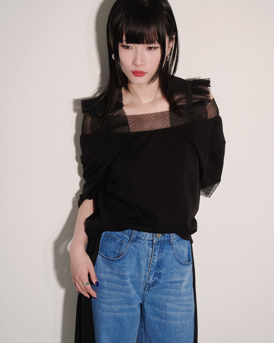 aalis LEVANA mesh one shoulder SS sweater (Black)