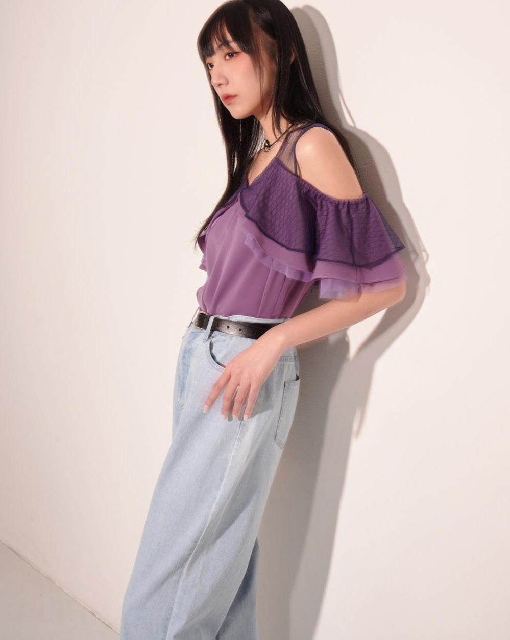 aalis CALLIE mesh panel mesh shoulder top (Purple)