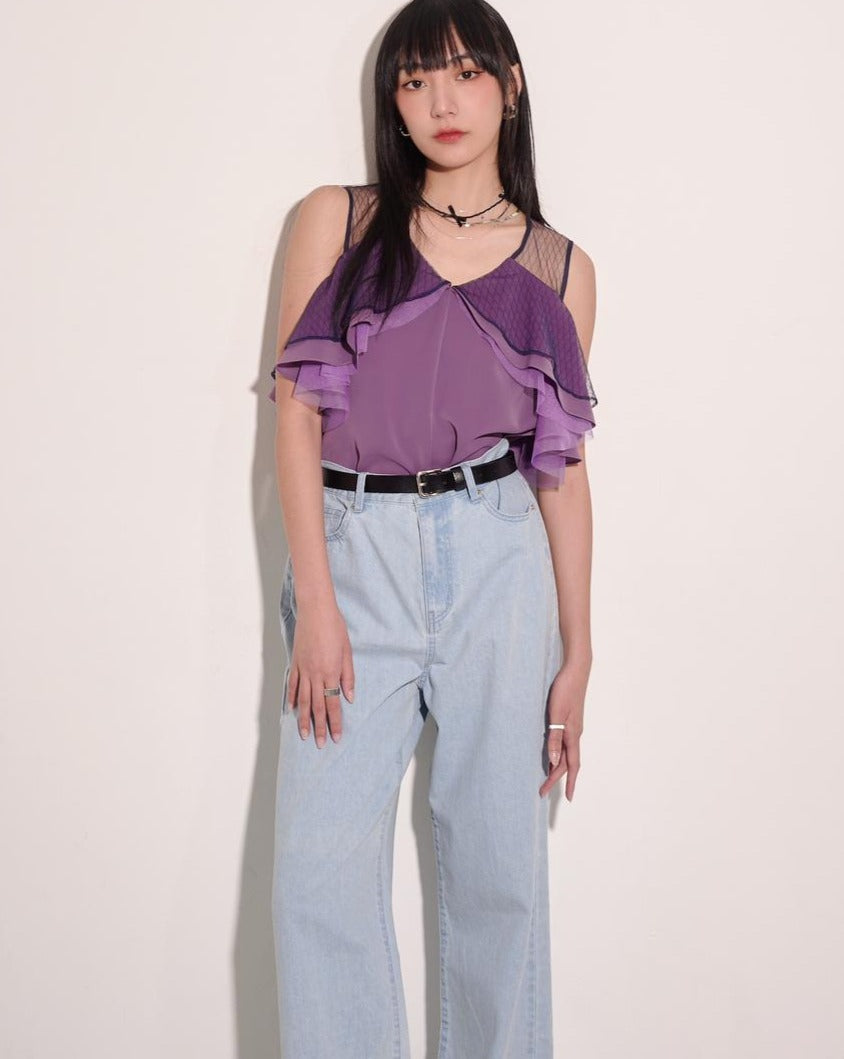 aalis CALLIE mesh panel mesh shoulder top (Purple)