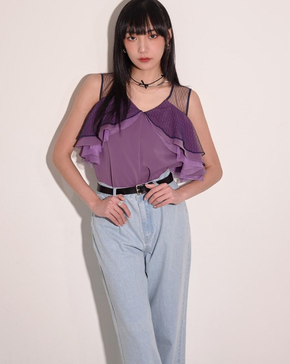 aalis CALLIE mesh panel mesh shoulder top (Purple)