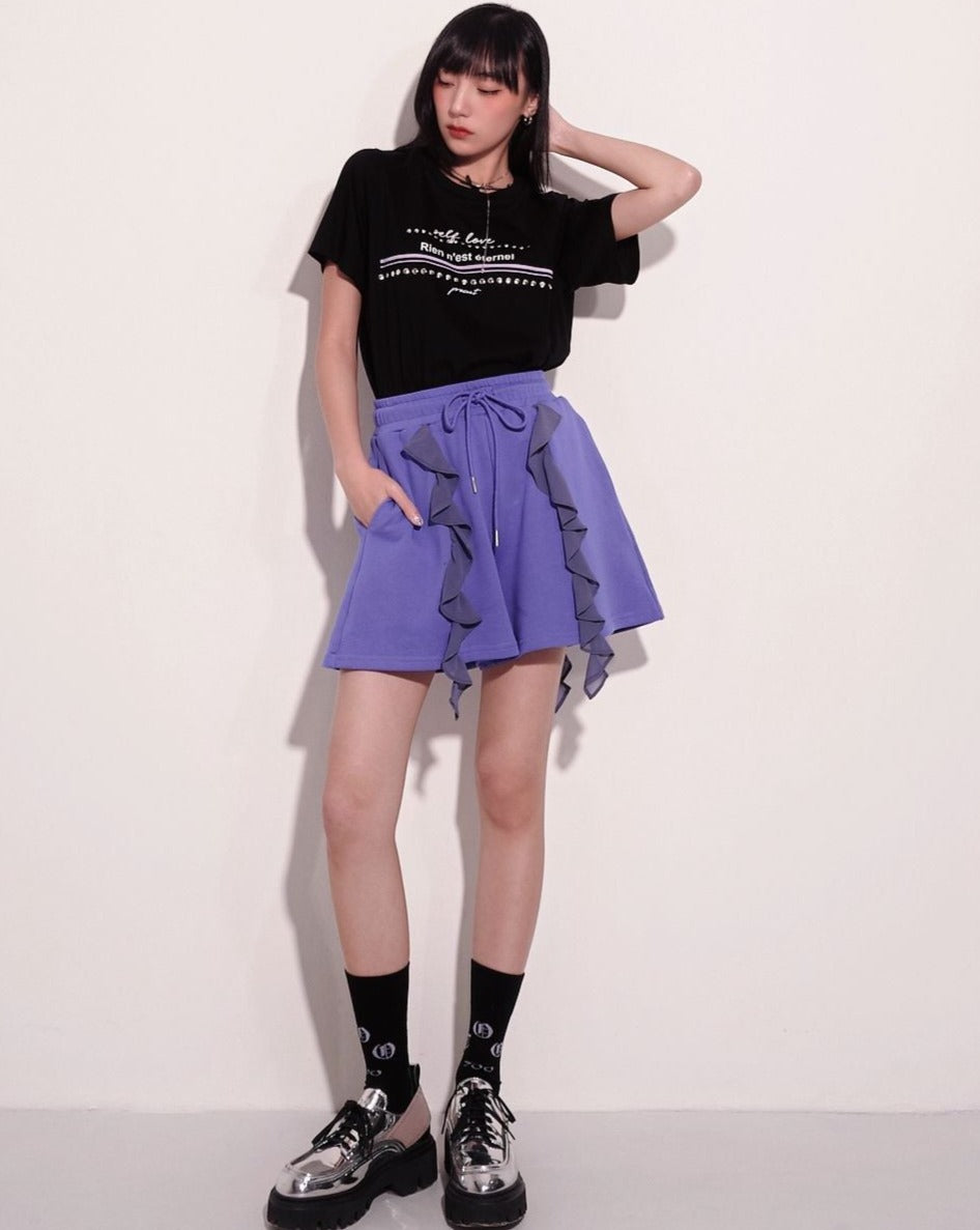 aalis ALANNA chiffon ruffle panel sweat shorts (Purple blue)