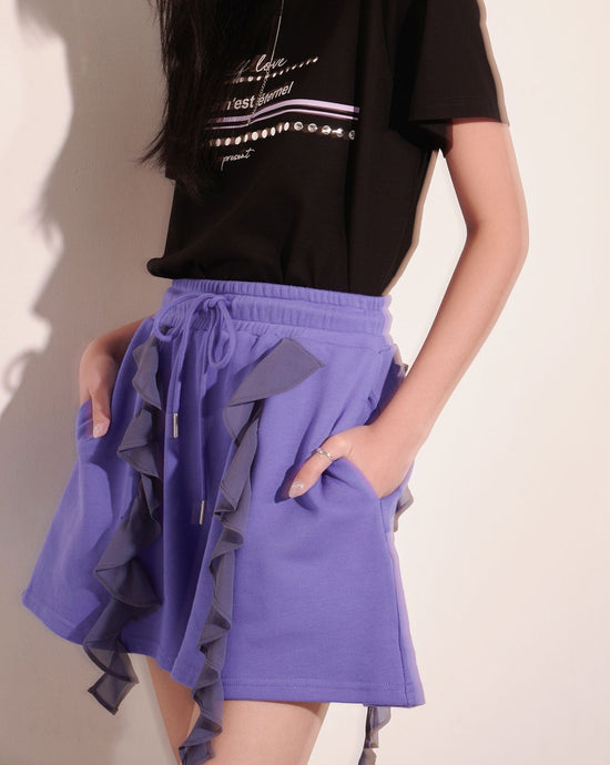 aalis ALANNA chiffon ruffle panel sweat shorts (Purple blue)