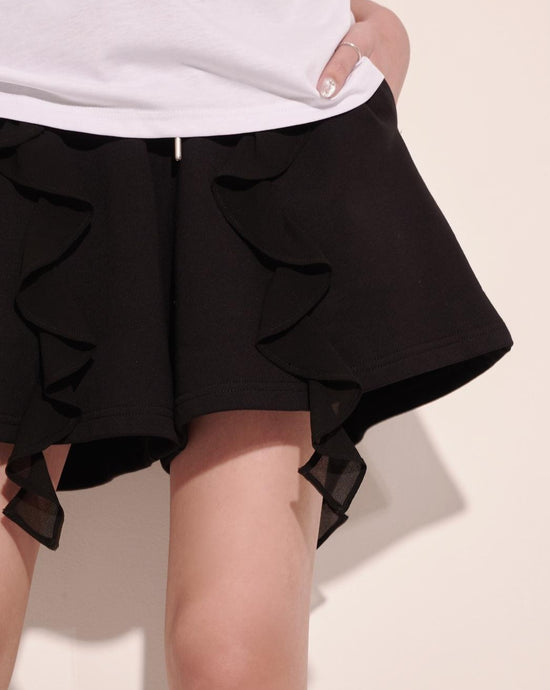 aalis ALANNA chiffon ruffle panel sweat shorts (Black)