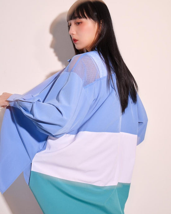 aalis AYLA mesh shoulder color blocking oversized shirt (Blue mix)