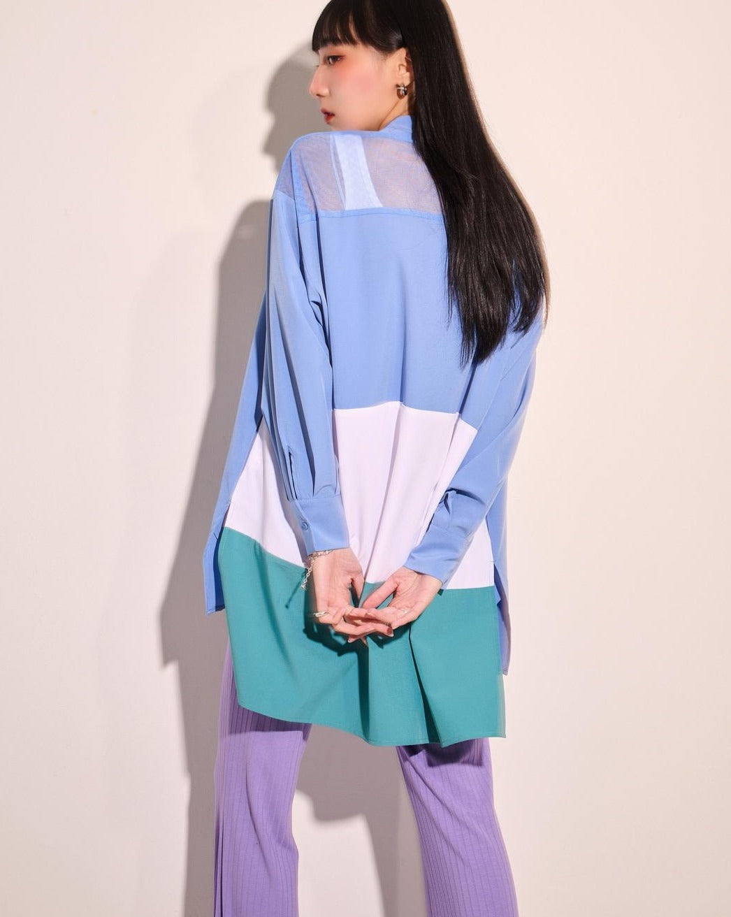 aalis AYLA mesh shoulder color blocking oversized shirt (Blue mix)