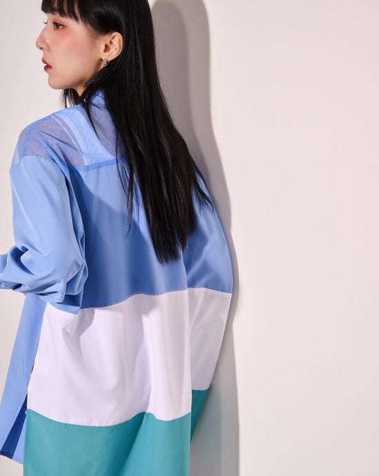 aalis AYLA mesh shoulder color blocking oversized shirt (Blue mix)