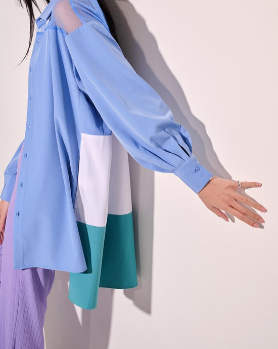 aalis AYLA mesh shoulder color blocking oversized shirt (Blue mix)