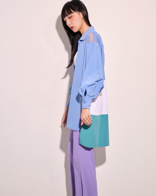 aalis AYLA mesh shoulder color blocking oversized shirt (Blue mix)