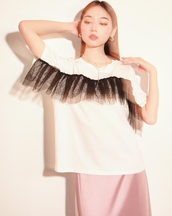 aalis ANIYA ruffle mesh panel S/S tee (White)