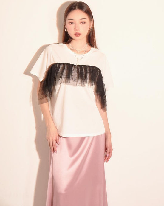 aalis ANIYA ruffle mesh panel S/S tee (White)