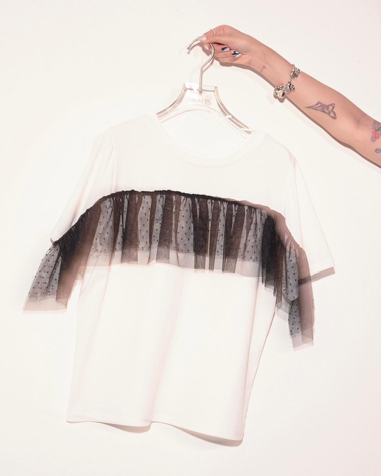 aalis ANIYA ruffle mesh panel S/S tee (White)