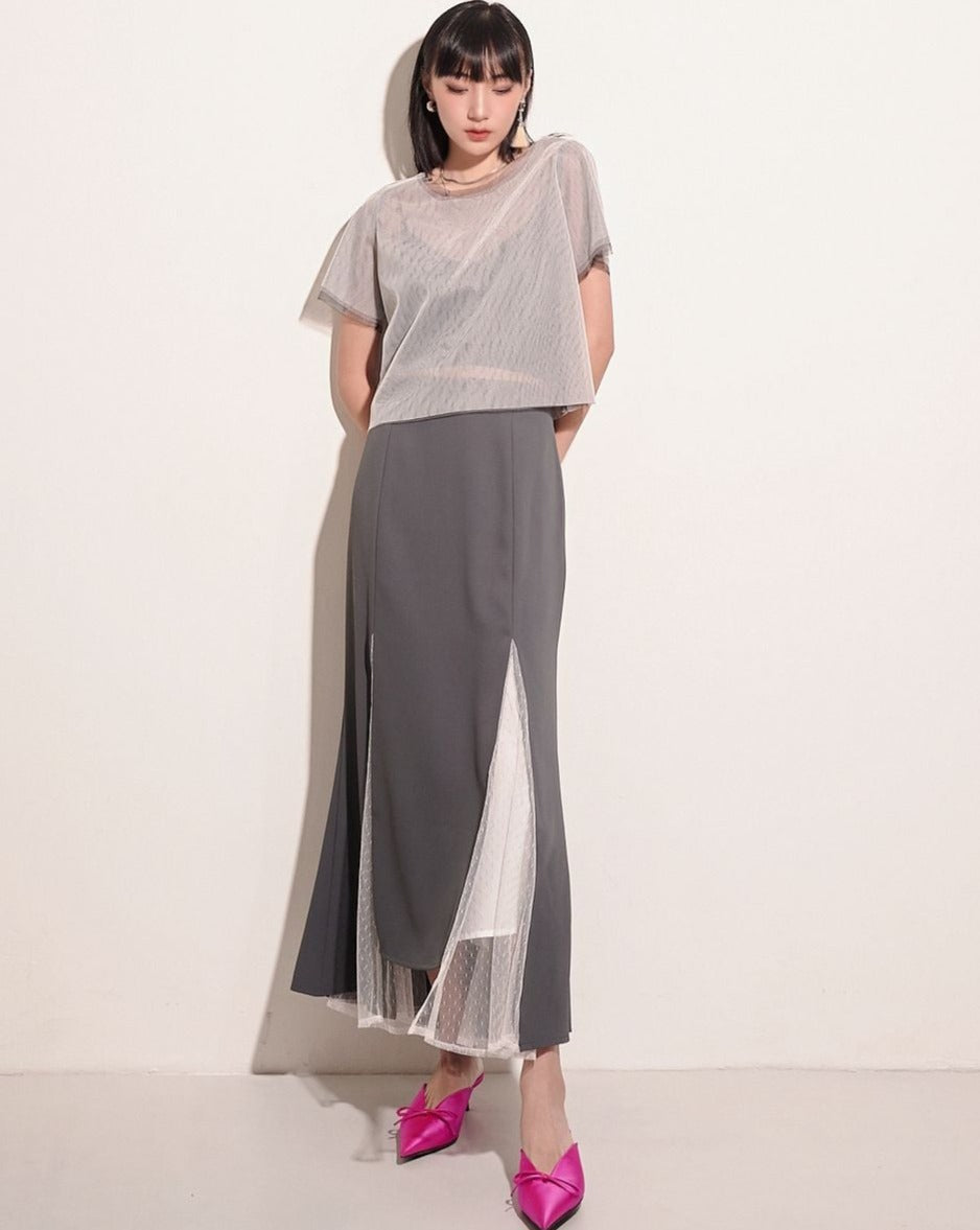 aalis NARI mesh panel fishtail skirt (Charcoal white)