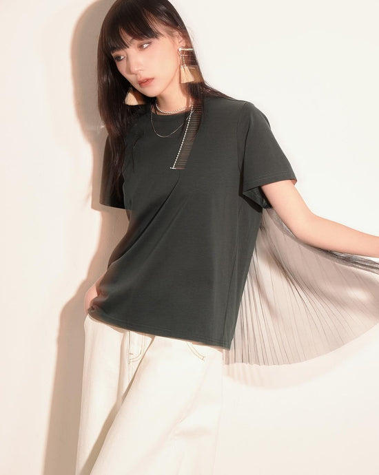 aalis HANSA back pleated mesh s/s tee (Dark green)