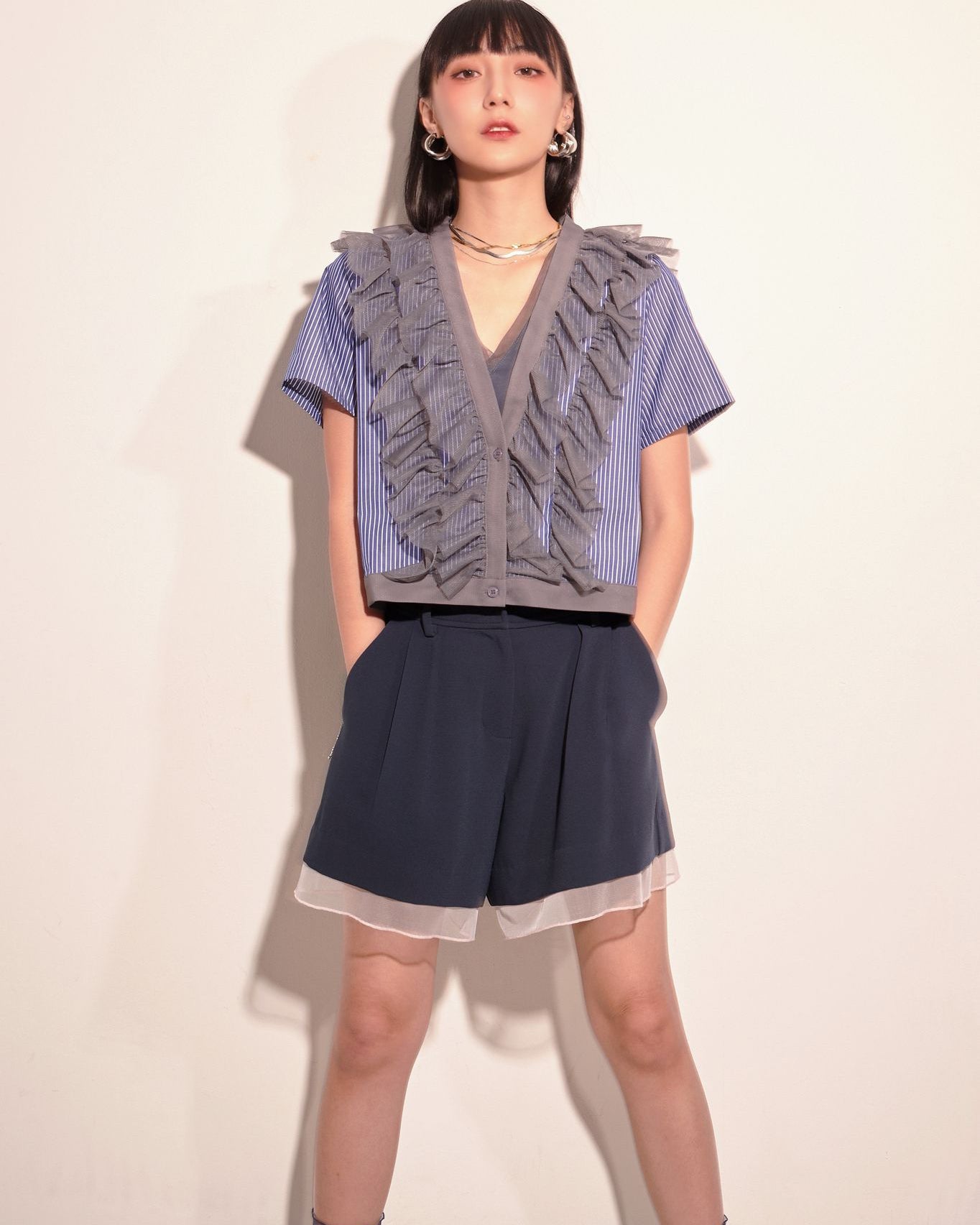 aalis HAYLY mesh ruffle detail shirt jacket (Dark blue stripes)