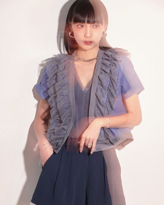 aalis HAYLY mesh ruffle detail shirt jacket (Dark blue stripes)