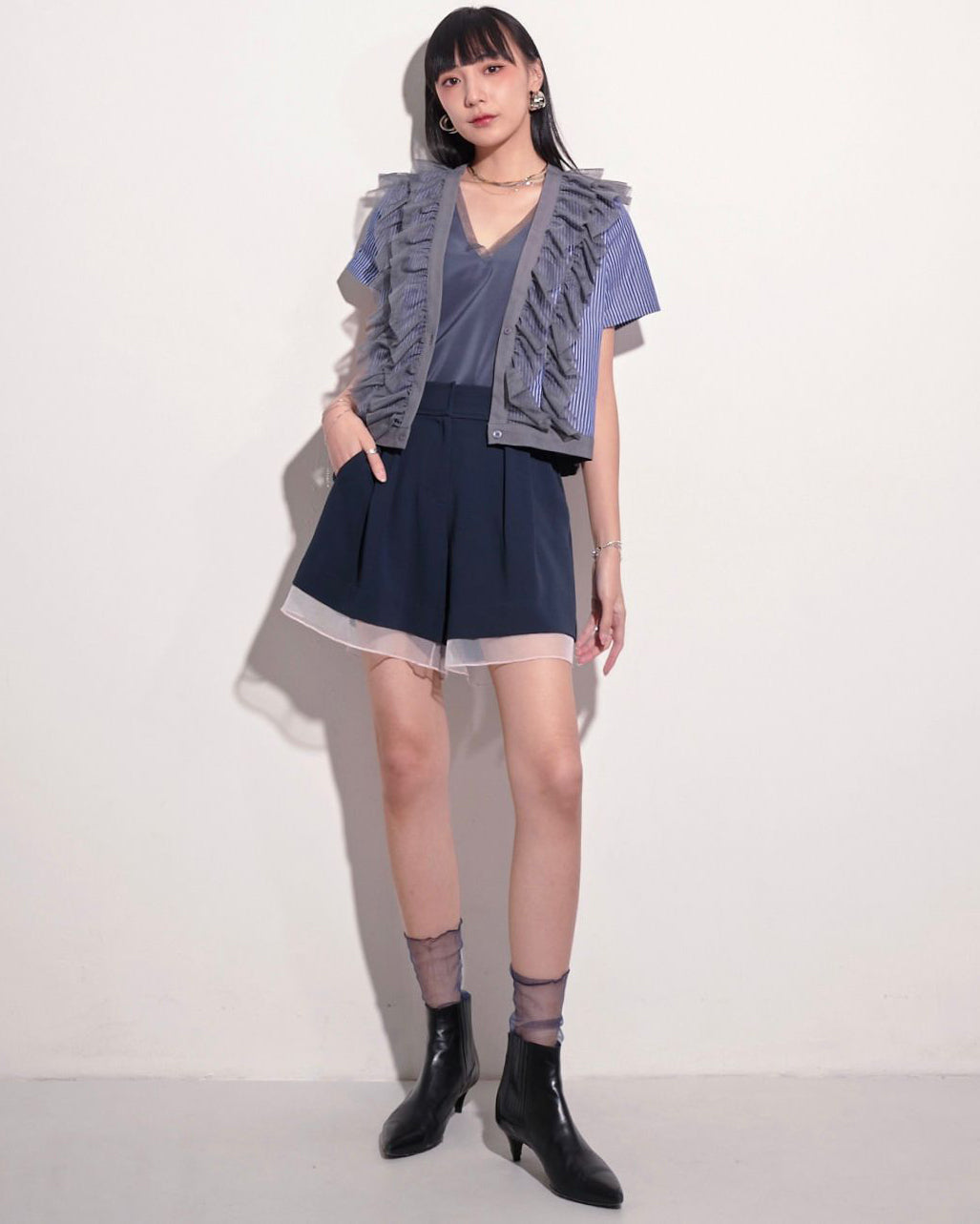 aalis HAYLY mesh ruffle detail shirt jacket (Dark blue stripes)