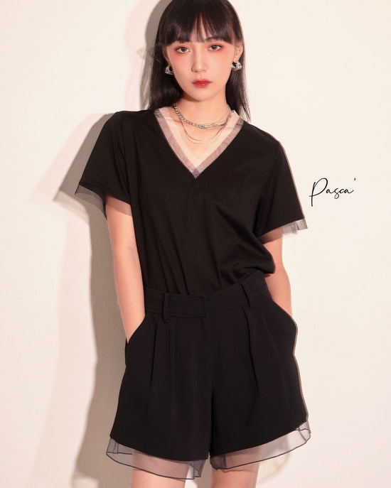 aalis PASCA layer mesh V neck s/s top (Black)