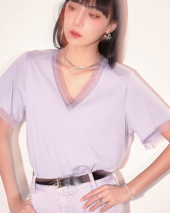 aalis PASCA layer mesh V neck s/s top (Lilac)