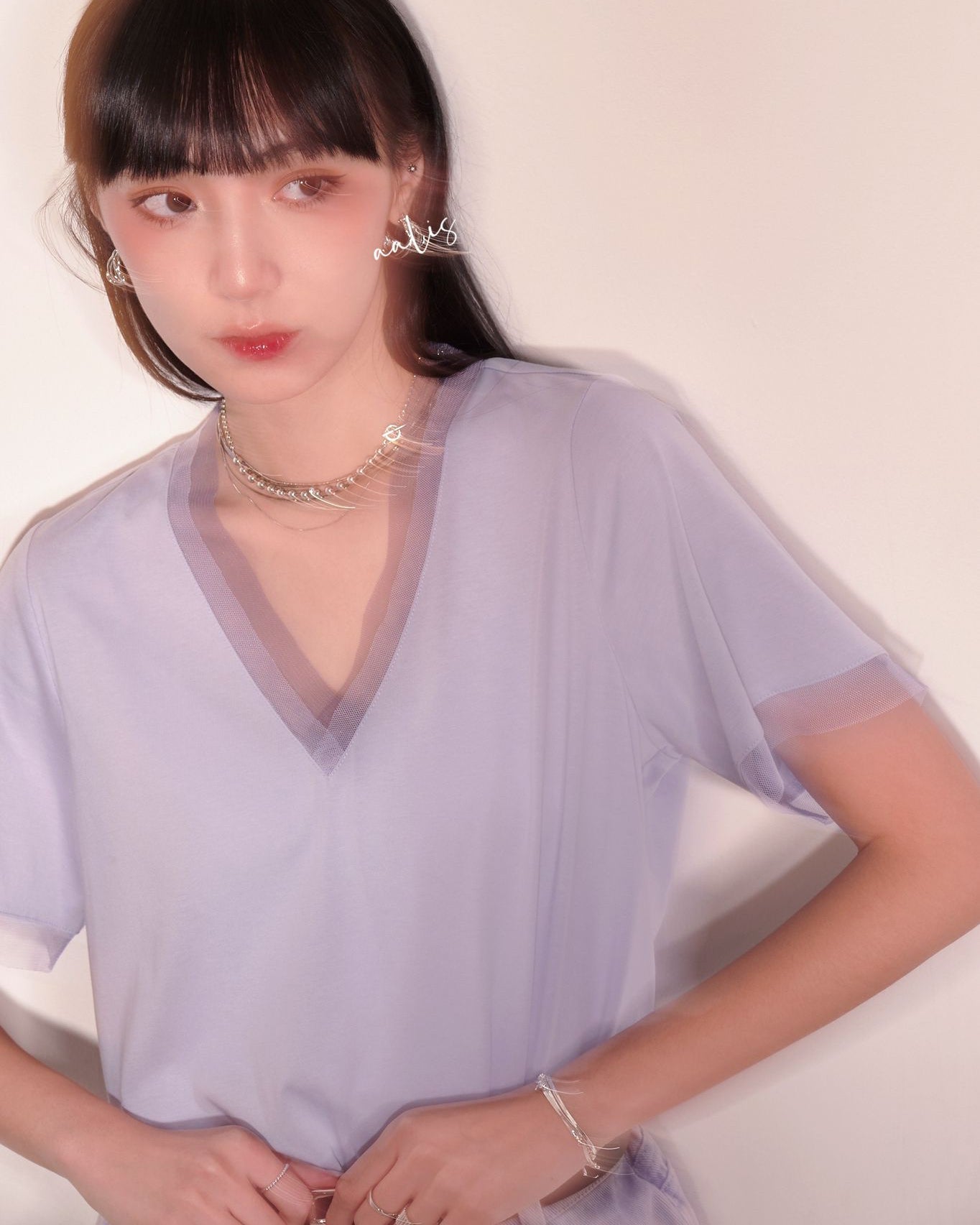 aalis PASCA layer mesh V neck s/s top (Lilac)