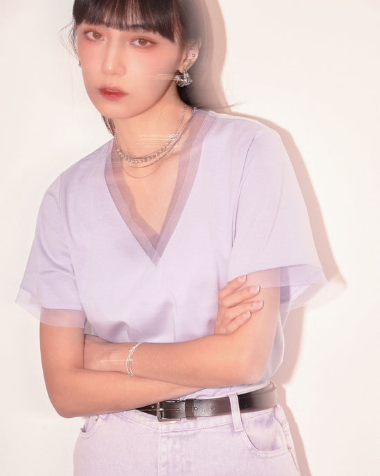 aalis PASCA layer mesh V neck s/s top (Lilac)