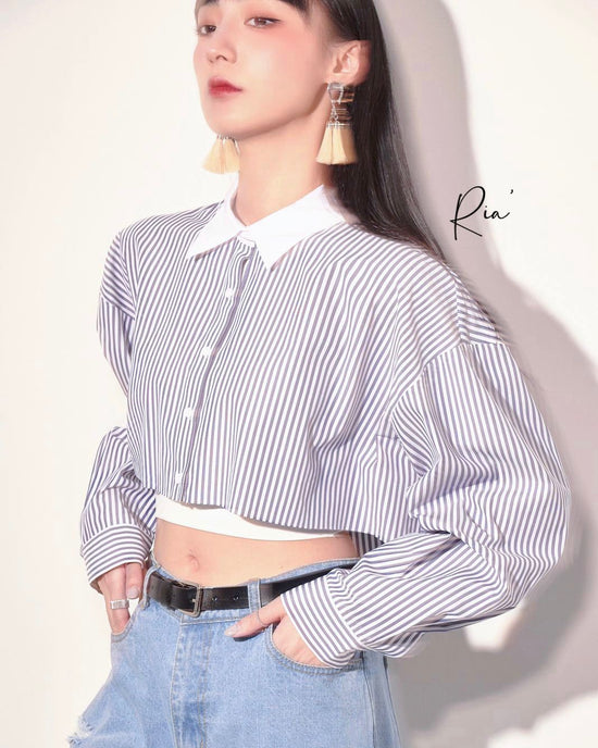 aalis RIA cropped L/S shirt (Blue stripe)