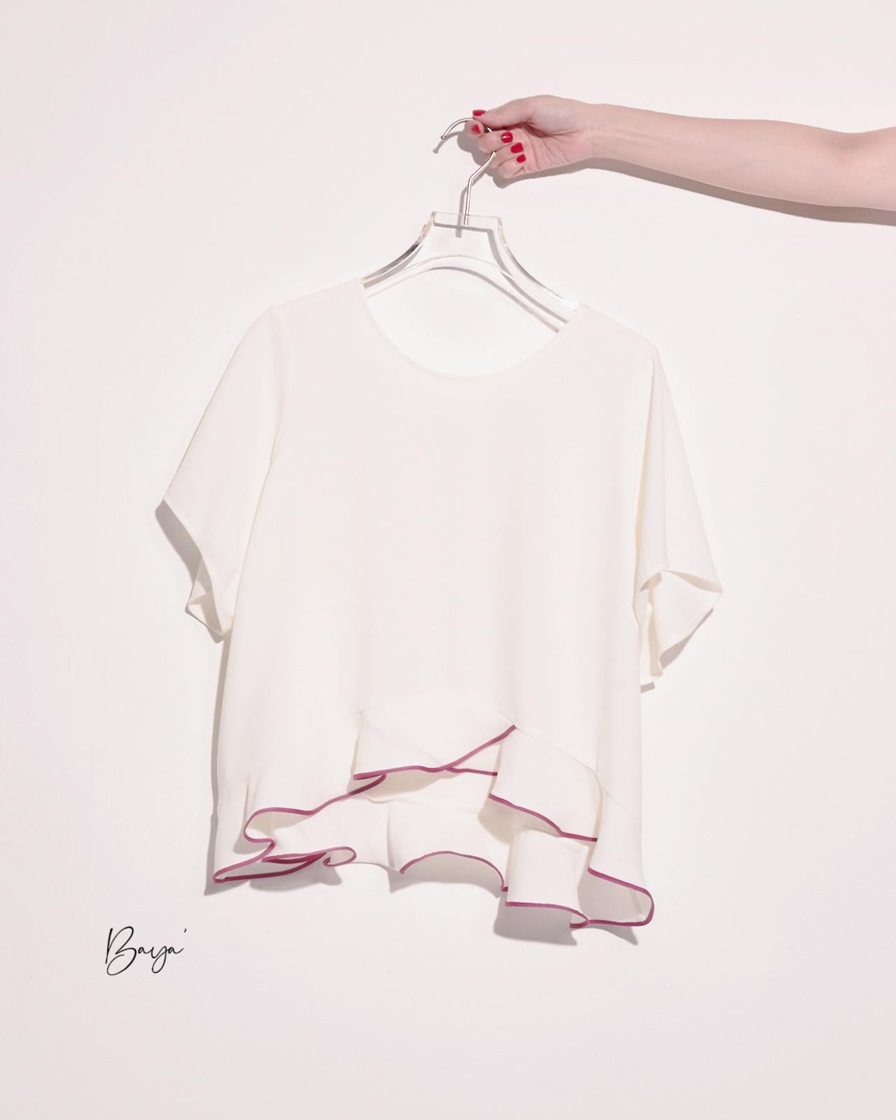 aalis BAYA mesh trim ruffle hem s/s top (White)