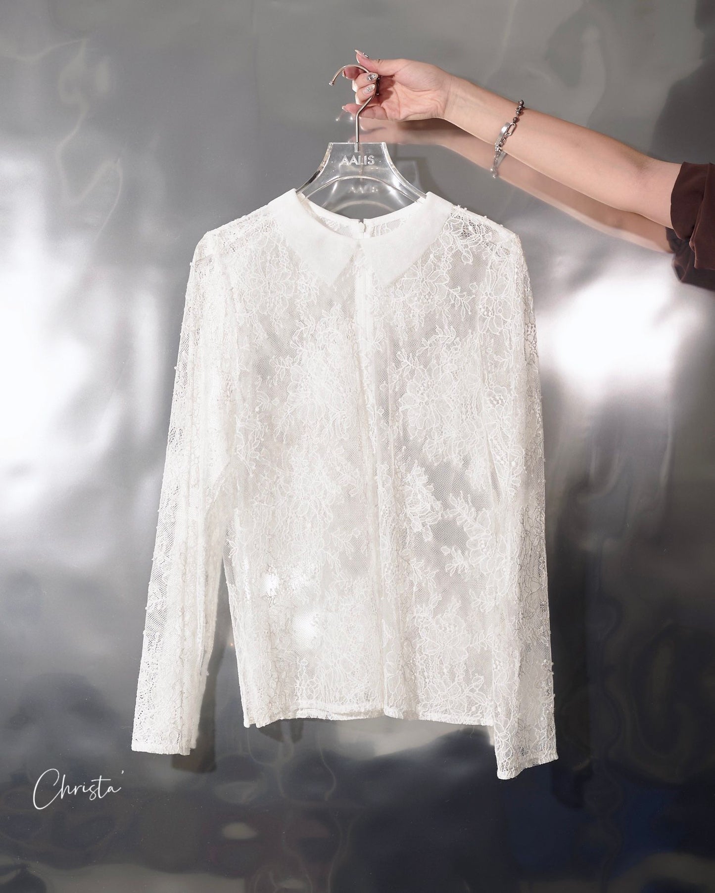 aalis CHRISTA mesh collar lace top (White)