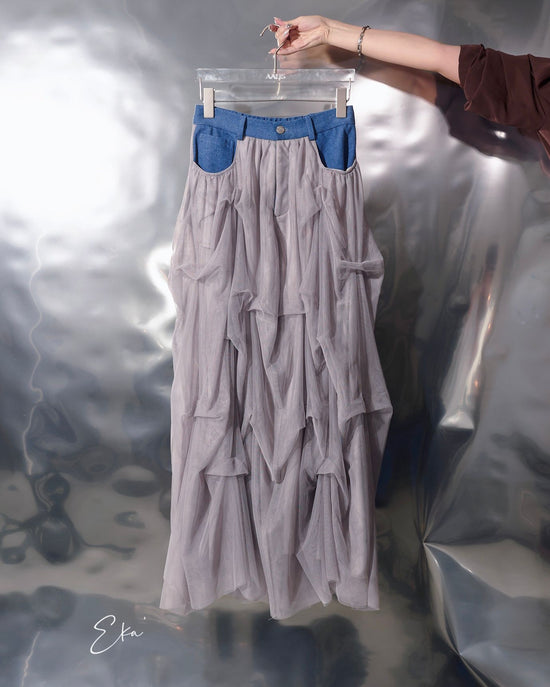 aalis EKA Gathered detail denim waist mesh skirt (Blue denim)