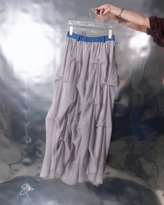 aalis EKA Gathered detail denim waist mesh skirt (Blue denim)