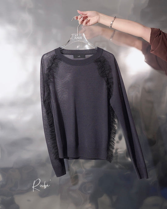 aalis RUBI raglan mesh detail L/S knit top (Charcoal)