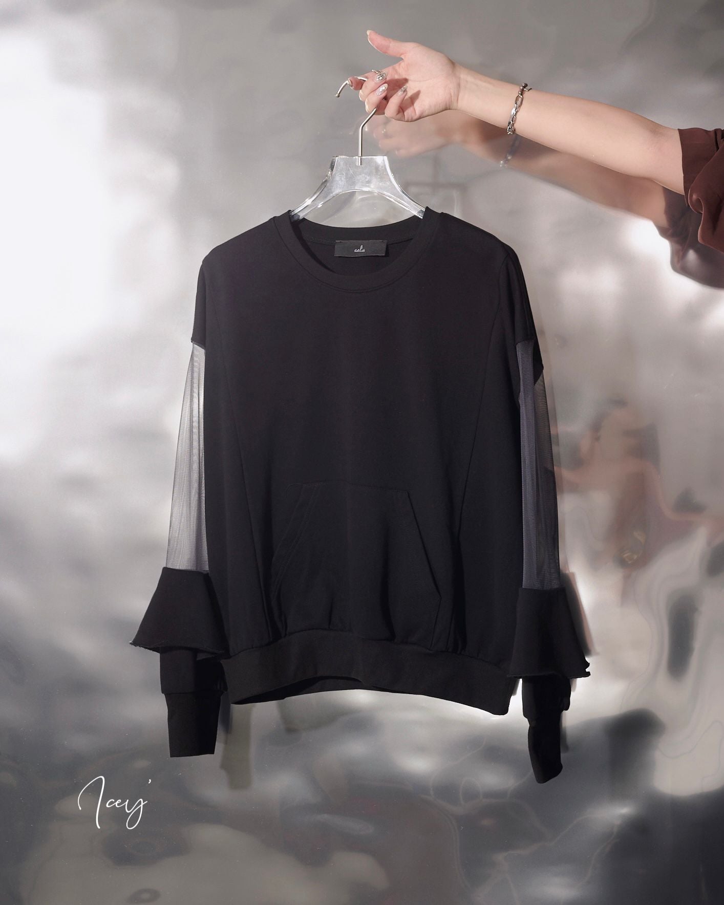 aalis ICEY mesh sleeves ruffle detail sweater (Black grey)