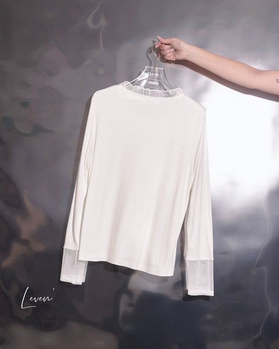 aalis LEVEN mesh ruffle stand collar L/S top (White)