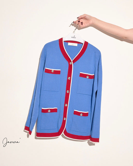 aalis JANNA color blocking mid-length cardigan (Blue mix)