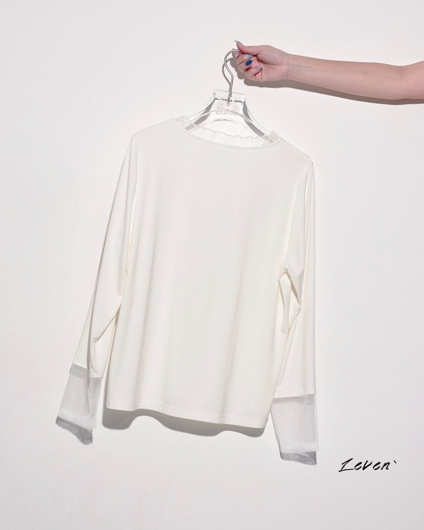 aalis LEVEN P2 网布荷叶边立领 L/S 上衣（白色)