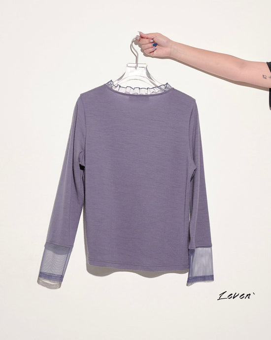 【预购】aalis LEVEN 网布荷叶边立领 L/S 上衣（紫灰色)