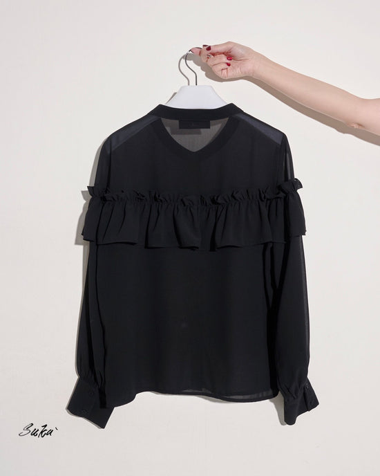 aalis SUKA ruffle front button down chiffon shirt (Black)