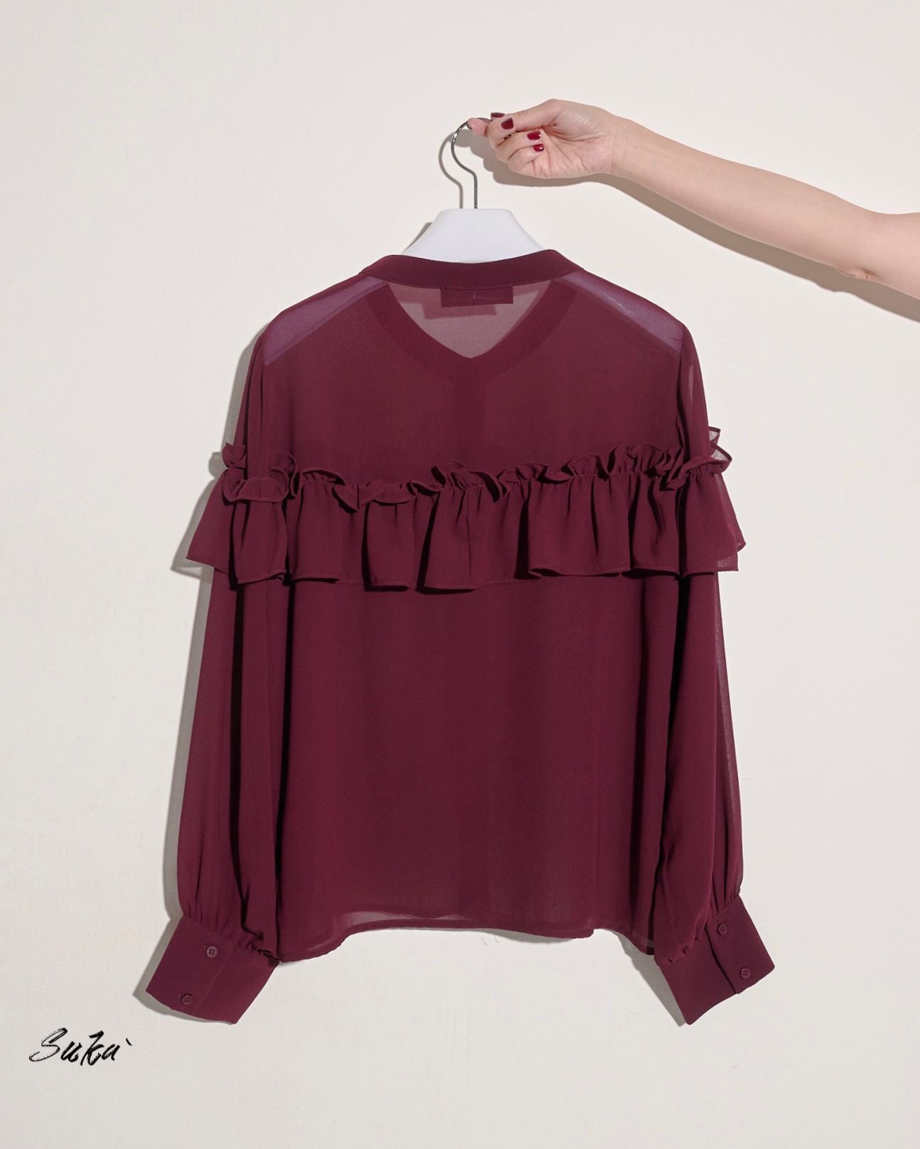 aalis SUKA ruffle front button down chiffon shirt (Burgundy)