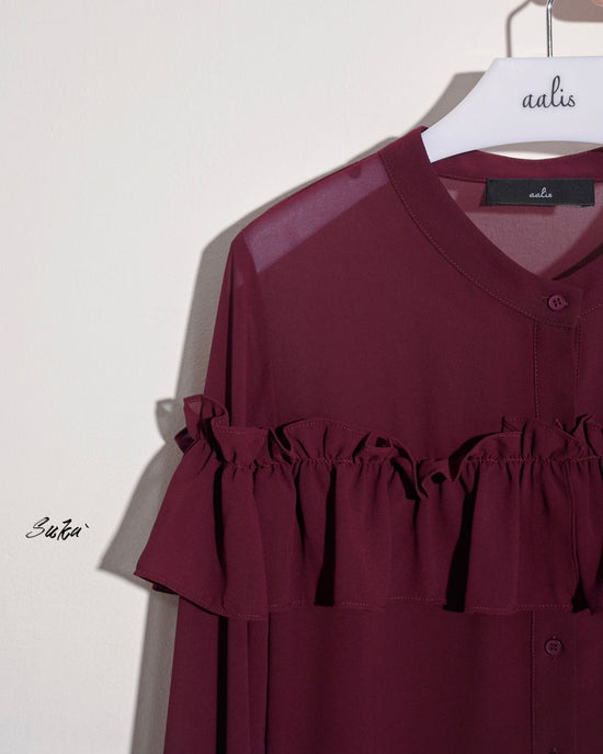 aalis SUKA ruffle front button down chiffon shirt (Burgundy)