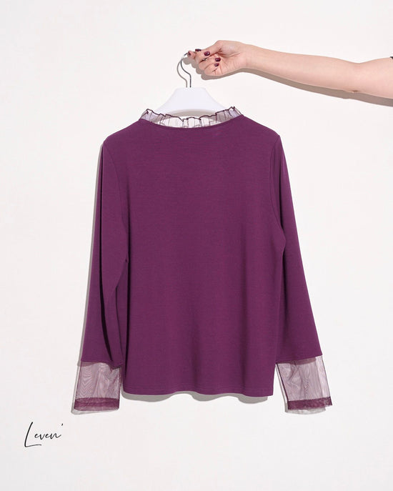 aalis LEVEN mesh ruffle stand collar L/S top (Plum)