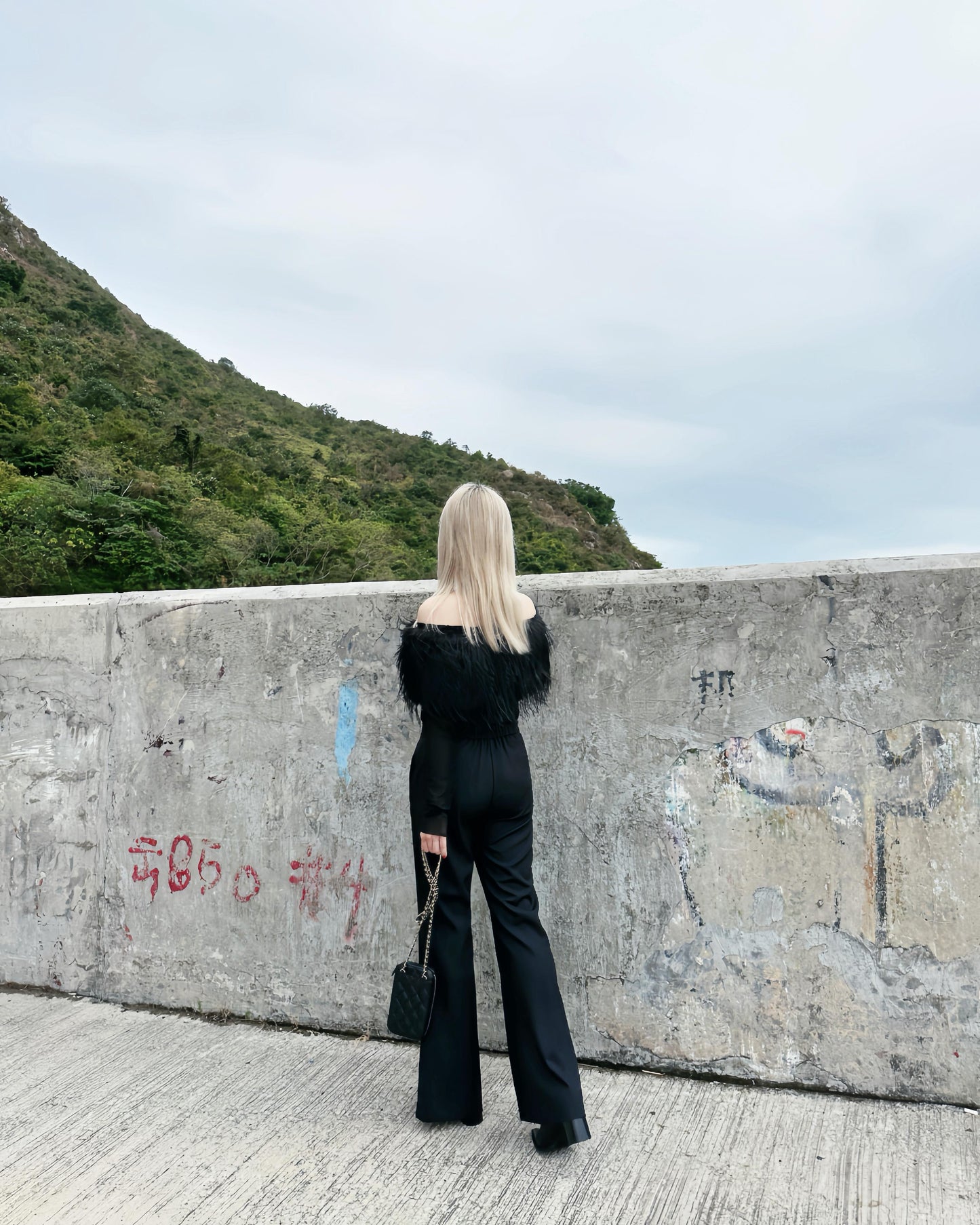 aalis TERRA faux ostrich feather off shoulder top (Black)