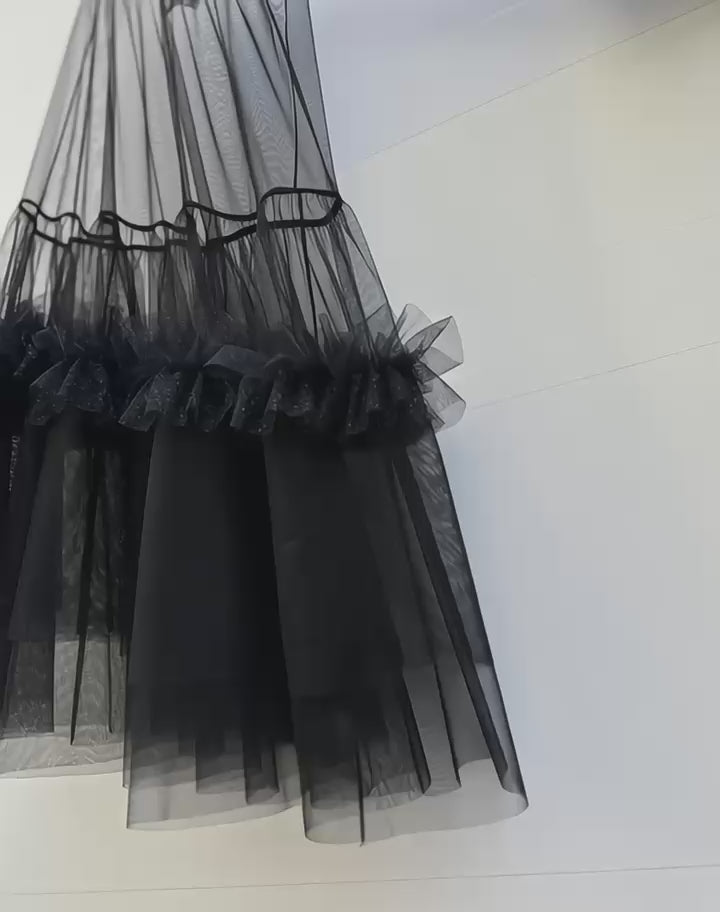 Load and play video in Gallery viewer, aalis WISTA mesh ruffle detail skirt (Black Silver)
