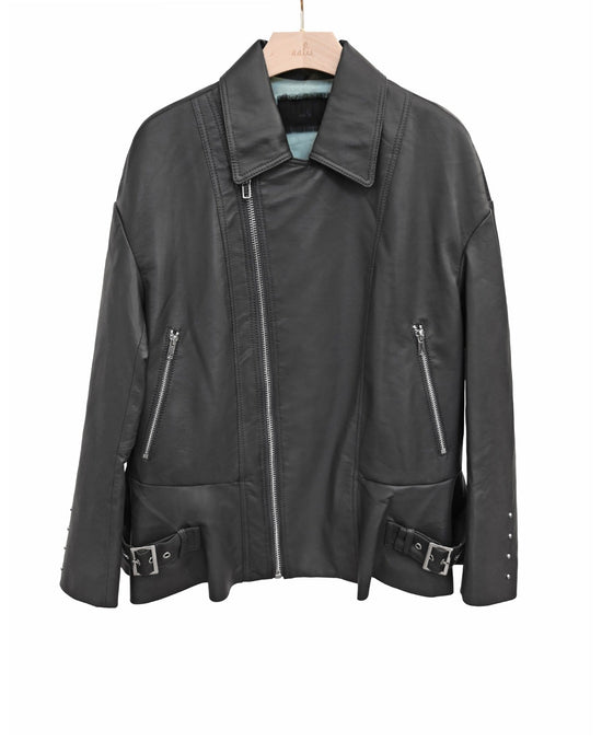 aalis YEN loose fit drop shoulder biker jacket (Black)