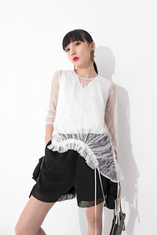 aalis AILEEN bottom ruching ruffle top (White lace)