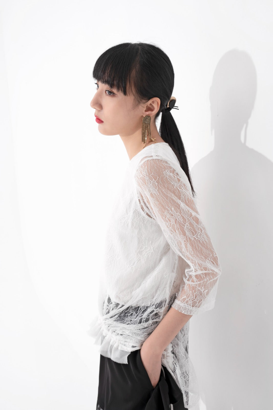 aalis AILEEN bottom ruching ruffle top (White lace)