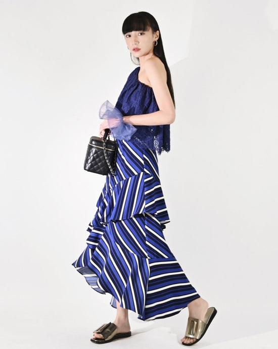 Load image into Gallery viewer, aalis CHAYA ruffle tiers skirt (Purple blue stripes)
