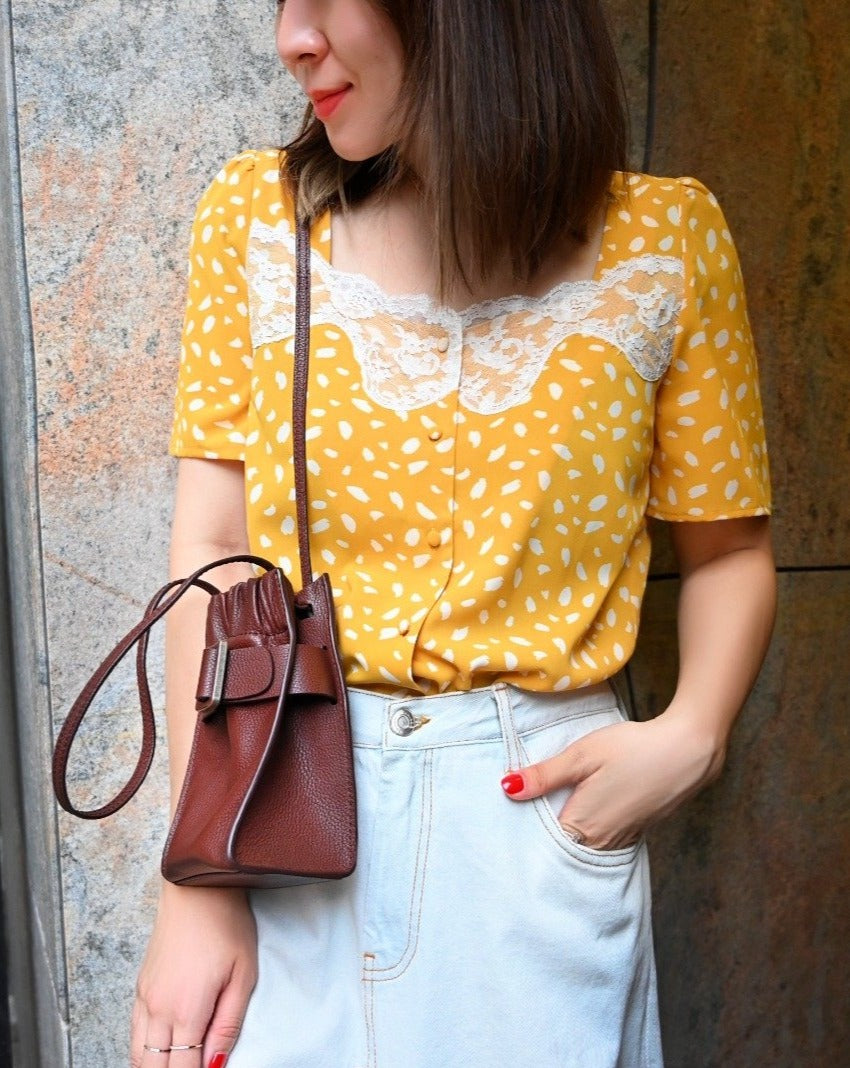 aalis LOCONA lace square neck puff sleeves blouse (Mustard mix)